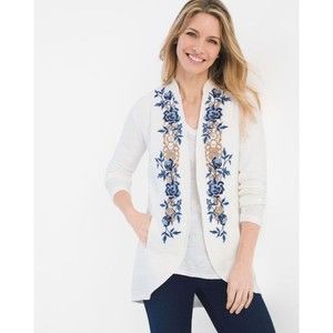 Chico's Womens Zenergy Floral Embroidered Jacket White Blue Size Large Caccoon